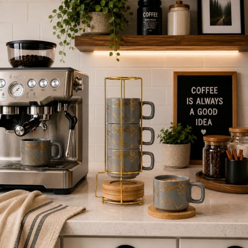 LUKA Porcelain Espresso Cup with Saucer and Metal Stand, 4 Ounce Stackable Ceramic Demitasse Espresso Mugs Cups Set for Latte, Specialty Coffee Drinks, Cafe Mocha,Tea - Set of 4, Gray - color: Gray