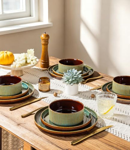 GBHOME Stoneware Dinnerware Sets for 4, 12 Pieces Plates and Bowls Set | Lightweight Ceramic Ribbed Dishes,Reactive Glaze Stackable Plate Set,Scratch Resistant,Microwave Dishwasher Safe,Maroon Olive - color: Maroon Olive