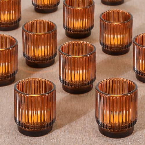 Vintage Ribbed Amber Glass Tealight Candle Holders Set of 12 | Votive Candle Holders for Wedding Bridal Shower Party Table Fall Boho Shelf Decor - color: Amber