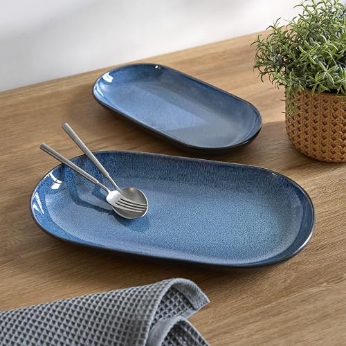SANGO Resona Blue Serving Platters Set of 2, 14/12 Inch Stoneware Serving Dishes for Entertaining, Glossy Party Serving Trays with Reactive Glaze, Buffet Oval Platters for Bread, Appetizer, Cheese - color: Blue, size: Serving Platters