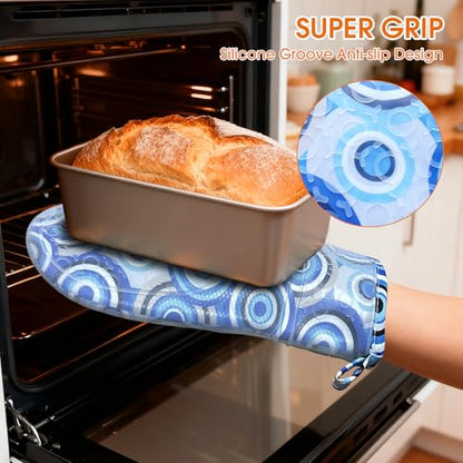 Silicone Oven Mitts Set Heat Resistant 2PCS Kitchen Mittens with Soft Cotton Lining Long Waterproof Non-Slip Oven Gloves for Cooking, BBQ, Baking-Blue - color: Blue