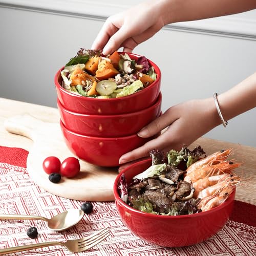 vicrays Ceramic Cereal Bowls Set - Porcelain 26 Ounce Soup Salad Bowls Set - Rice Dessert Cream Bowls Set - Chip Resistant Dishwasher Microwave Safe - Set of 6 (Red) - color: Red