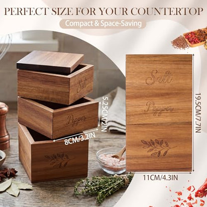 3 Tier Acacia Wood Salt Cellar, Square Swivel Triple Pepper Storage Box, Spice Box with with Magnetic Swivel Lids, Seasoning Holder for Salt, Herbs, and Spices, Grilling & Cooking