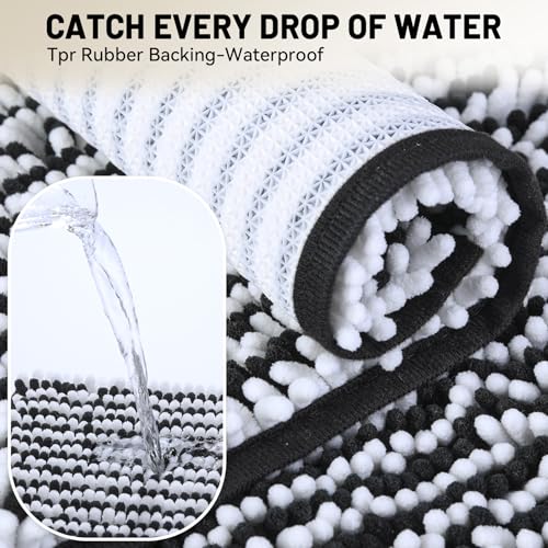 Chenille Bathroom Rugs Set 2 Piece, Absorbent Bath Rugs, Non-Slip Bath Mats, Machine Washable Rugs for Bathroom Floor, Tub and Shower, Black&White (20 × 32 Plus 17 ×24 - Inch) - color: Black &White