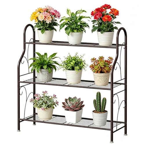 SORCEDAS 3 Tier Metal Plant Stand Indoor Outdoor Corner Flower Shelf | Plant Rack for Multiple Plants, Space-Saving Plant Holder for Patio, Garden, Balcony, Living Room - size: 3 Tier-Bronze