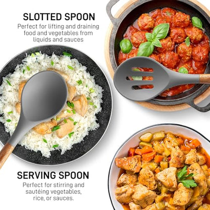 Zulay Kitchen 5 Piece Silicone Utensil Set | Non-Stick Silicone Cooking Utensils Set with Acacia Wood Handles - 464°F Heat Resistance Kitchen Utensils Set - Gray - color: Elegant Grey, size: 5-Piece Set