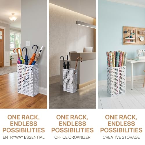 BEWBBAT Umbrella Holder Stand for Entryway, Square Metal Umbrella Rack, Freestanding Rectangular Hollow Rack for Home Office, 16 x 10 x 5 Inch, White