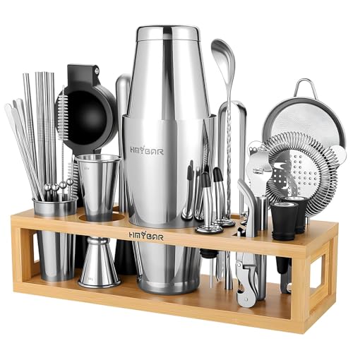 HMYBAR® Bartender Kit with Natural Bamboo Stand, 31-Piece Cocktail Shaker Set, 20/28 oz Boston Shaker Set for Home Bar, Mixology Bar Tool Set with 39 Recipe Cards - color: Natural