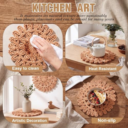 Set of 6 Ruffled Woven Corn Husk Placemats Boho Farmhouse Placemats for Daily Tabletop Decor Elegant Dining Wedding Christmas Thanksgiving Day Holiday Dinner Party Housewarming Gifts - style: Ruffled