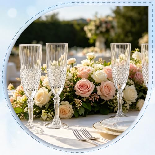 12 Pack Plastic Champagne Flutes, Clear Reusable Champagne Glass | Unbreakable Hard Plastic Mimosa Cups Bulk with Stem, Fancy Stemware for Wedding, Party & NYE Celebration - color: Transparent