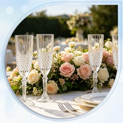12 Pack Plastic Champagne Flutes, Clear Reusable Champagne Glass | Unbreakable Hard Plastic Mimosa Cups Bulk with Stem, Fancy Stemware for Wedding, Party & NYE Celebration - color: Transparent