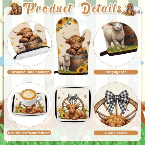 10PCS Highland Cow Kitchen Decor Set, Sunflower Towels Pot Holders Oven Mitts Mats for Home Baking Gifts