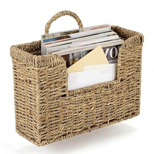 Hanging Magazine Basket, Woven Wall Magazine Holder Organizer with Handle for Mail, Files, Books - Water Hyacinth Farmhouse Storage Rack for Bathroom, Kitchen, Office (1, Sea Grass) - color: Sea Grass