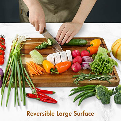 Large Solid Acacia Wooden Chopping Board Set of 4 for Kitchen | FSC-certified Wood Cutting Board Set of 4(16x12, 14x10, Double 11x8 inch)Juice Groove,Handles,Non-slip Mats,Thick,Reversible - size: 16"L x 12"W