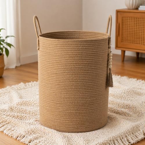 Blanket Basket 58L, Woven Laundry Hamper Tall Laundry Basket with Boho Wooden Tassels, Large Cotton Rope Storage Basket for Blankets Pillows Toys, Living Room Nursery Bedroom Decor (Brown) - color: Brown, size: 58L