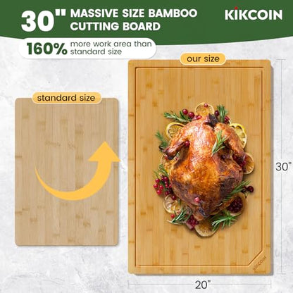 Kikcoin 30”×20” Bamboo Cutting Boards for Kitchen, Heavy Duty Wooden Cutting Boards, Healthy Extra Large Chopping Boards with Deep Juice Groove and Handle, Oversized Stove Top Cover, Natural - color: Natural, size: 30"L x 20"W