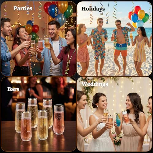 GuanQiao 12 Pack Stemless Plastic Champagne Flutes with Gold Rim, 9oz Ribbed Disposable Champagne Glasses. Heavy Duty Shatterproof Mimosa Glasses for Party, Wedding and New Years Eve Supplies - color: Gold Rim, size: 12-pack