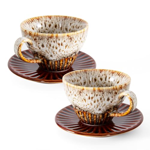 2 oz Espresso Cups Set of 2, Ceramic Cappuccino Cups with Saucers, Durable Porcelain Tea Set & Modern Coffee Cup Collection, Coffee Lover Gifts