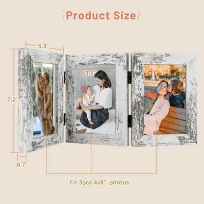 Golden State Art, 4x6 Triple Frame Distressed White- Real Glass, 1 Pack | Trifold Photo Frame Vertical Display for Desktop - Three Folding Picture Collage - color: Weathered White, size: 4x6(1 Pack)
