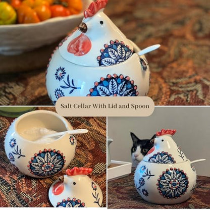 13.5 Oz Salt Cellar With Lid and Spoon (Blue)- Ceramic Chicken Spice Jars for Salt, Sugar, Pepper - Spice Containers for Countertop - color: Blue
