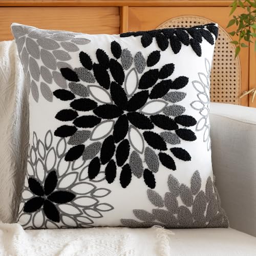 Black Grey Dahlia Embroidered Throw Pillow Covers Home Decor | Black Soft Velvet 18x18 Inch Pillow Cover, Modern Geometric Pillows Decor for Cushion Case Sofa Living Room Bedroom - color: Black Grey Dahlia