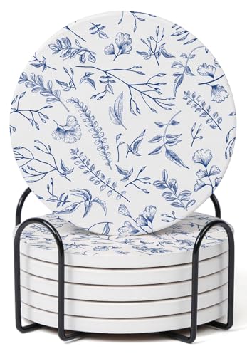 Set of 6 Floral Blue and White Coasters with Holder, Absorbent Ceramic Drink Coasters with Cork Backing for Table Protection, Coffee Table Décor - color: Blue and White