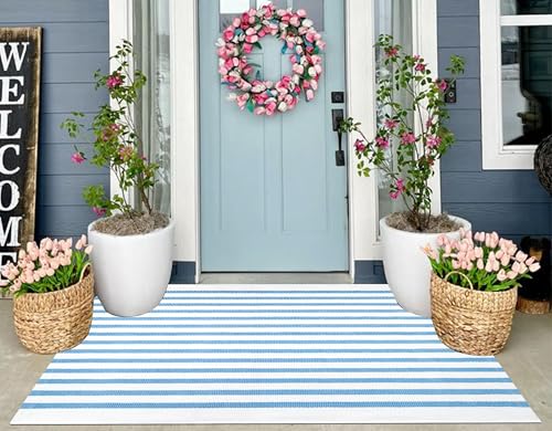 Light Blue and White Outdoor Rug 3'x5',Washable Striped Front Porch Rug | Cotton Woven Farmhouse Door Mat Outdoor Area Rug Combined With Hello Welcome Mat - color: Blue White, size: 3' x 5' (Rectangular)