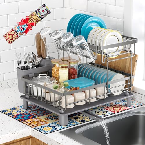 2 Tier Large Detachable Dish Drying Rack for Kitchen Counter, Gray | Compact Dish Drainer Organizer, Rust-Resistant, Space-Saving Dish Rack with Drainboard, Utensil Holder, Kitchen Organizer - color: 2 Tier-gray