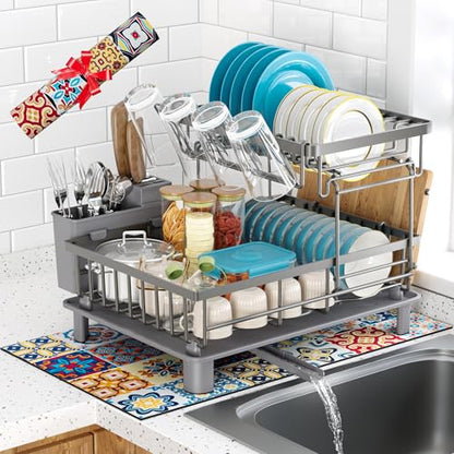 2 Tier Large Detachable Dish Drying Rack for Kitchen Counter, Gray | Compact Dish Drainer Organizer, Rust-Resistant, Space-Saving Dish Rack with Drainboard, Utensil Holder, Kitchen Organizer - color: 2 Tier-gray