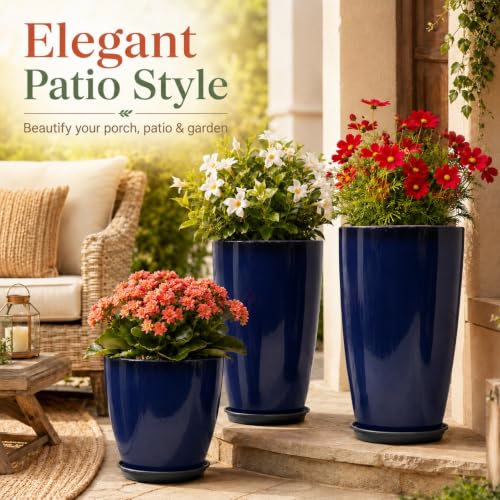 Neoaider Set of 3 Tall Planter, 24/21/12in Large Plastic Planter, Blue | Ceramic-Look, Lightweight, Built-in Drain Hole, Saucers, Tall Outdoor Planter for Porch, Garden, Patio, Balcony - color: Blue