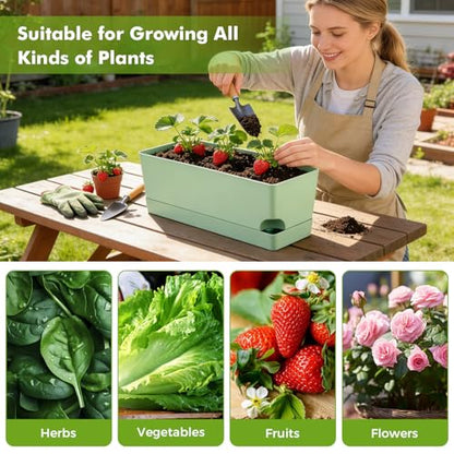 2 Pack Self Watering Pots for Indoor Plants 17 Inches Window Boxes Planters Rectangular Flower Pots Rectangle Herb Pots Large Plant Pots with Drainage Holes and Saucers Windowsill Planter, Green - color: Green
