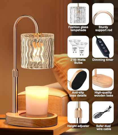 Candle Warmer Lamp Electric: Dimmable Timer Candles Warming Lamps - Height Adjustable Burner Jar - No Flame Scented Melts Wax - All Candle Jars Table Light Home Decor