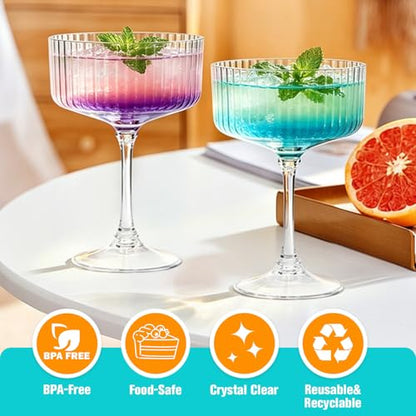 48 Pcs Plastic Martini Glasses Disposable,10oz Ribbed Martini Glasses | Unbreakable, Vintage Coupe Cocktail Glasses Set with Detachable Stem for Wedding Birthday Party Bar Supplies, Clear