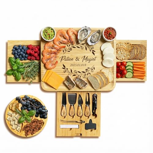NBE Custom Engraved Bamboo Cheese Board with 3 Drawers & Utensil Set - Personalized Charcuterie Serving Tray, Mother's Day Wedding Housewarming Gifts for Women Couples