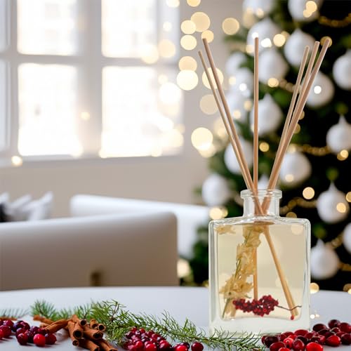 Reed Diffuser Set, Holiday Cheer - Bathroom Shelf Décor | Cranberry, Cinnamon, Evergreen, Cedar & Smokey Wood, Made with Essential Oils, Sleek Rectangular Refillable Glass Bottle - color: Holiday Cheer-clear