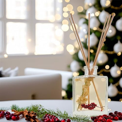 Reed Diffuser Set, Holiday Cheer - Bathroom Shelf Décor | Cranberry, Cinnamon, Evergreen, Cedar & Smokey Wood, Made with Essential Oils, Sleek Rectangular Refillable Glass Bottle - color: Holiday Cheer-clear