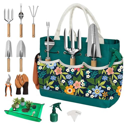 22Pcs Gardening Tools Set for Women Heavy Duty Garden Hand Tools Kit Birthday Gifts for Mom Wife Grandma Beginner Gardening Accessories with Tote Bag/Shovels/Repotting Mat/Plant Labels/Gloves - color: Dark Green