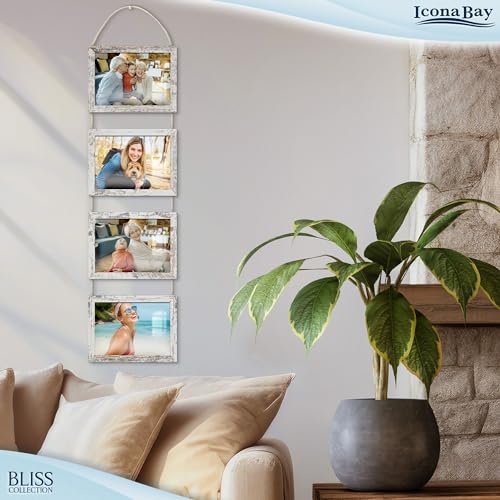 5x7 Wall Hanging Picture Frames Collage with 4 Openings - Distressed White - Casual Style Engineered Wood Frames - Wall Mount Only - Bliss Collection - color: Distressed White, size: 5x7