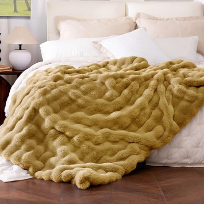 Ultra Soft Cozy Faux Fur Throw Blanket, Fuzzy Plush Thick Bubble Blanket, Oversize Luxury Fluffy Blanket for Couch, Bed, and Living Room, 60x80 Inches, Dark Yellow - color: Bubble Dark Yellow, size: Twin