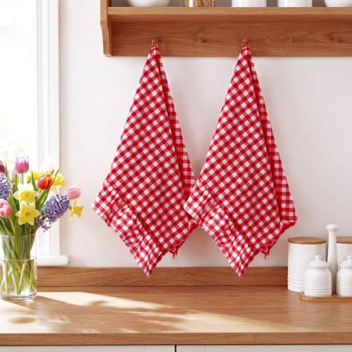 HunnmingRe Red Kitchen Towels Set of 2, 100% Cotton Ruffled Gingham Dish Towels 18"x28" Tea Cloths Classic Plaid Pattern for Farmhouse Charm, Drying Dishes, Entertaining Guests - color: Red, style: Gingham