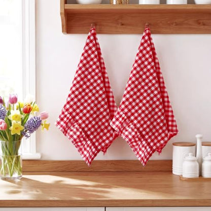 HunnmingRe Red Kitchen Towels Set of 2, 100% Cotton Ruffled Gingham Dish Towels 18"x28" Tea Cloths Classic Plaid Pattern for Farmhouse Charm, Drying Dishes, Entertaining Guests - color: Red, style: Gingham