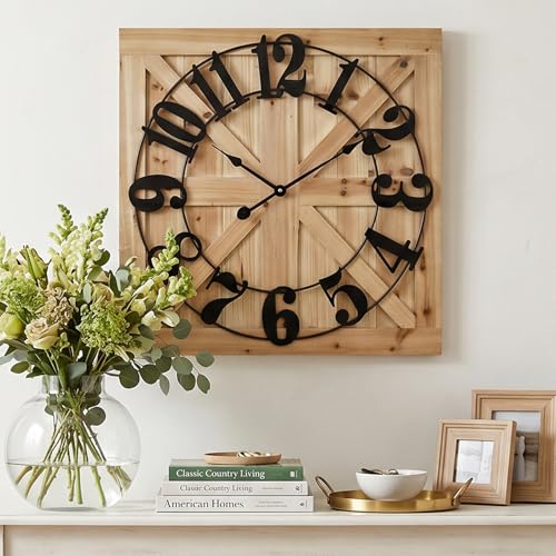 24 Inch Large Square Wood Wall Clock - Rustic Farmhouse Wall Decor for Living Room, Silent Non-Ticking Battery Operated Clock with Black Metal Arabic Numerals, Barn Door Design for Kitchen Bedroom - color: Brown