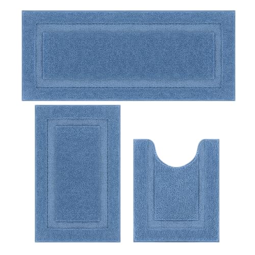SHACOS Blue Bathroom Rugs Sets 3 Piece Bath Mat U Shaped Toilet Rug | 20x47+ 20x32+ 20x24, Soft Fluffy Microfiber Bath Rugs Set, Non Slip Washable Absorbent Bathroom Runner Floor Mats Shower Rug - color: Blue, size: 20"x32"+ 20"x47"+U Shape 20"x24"