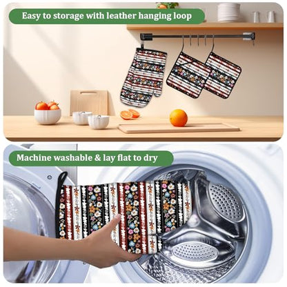 Retro Boho Flower Stripe Oven Mitts and Pot Holders Set 4 Pcs Extra Long Heat Resistant Gloves Potholder for Baking, BBQ, Grilling - color: Boho Floral Stripe