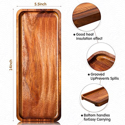 Roowest 8 Pcs Solid Acacia Wood Serving Tray 14'' x 5.5'' Rectangular Wooden Serving Platter Long Cheese Charcuterie Boards with Edges Wood Boards for Food Vegetable Appetizer Party Decor