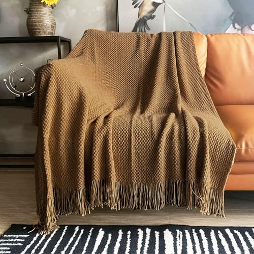 LOMAO Knitted Throw Blanket with Tassels Bubble Textured Soft Blanket Lightweight Warm Throws for Couch Cover Home Decor (Khaki, 50x60) - color: Khaki, size: 50x60"