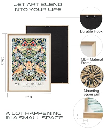 UPWOIGH William Morris Inspired Framed Prints, 12 x 16 Inch, Set of 3 | Strawberry Thief, Honeysuckle and Fruit Prints, Rich Blue and Gold Tones, Light Wood Frames for Bedroom and Gallery Wall - color: Morris Gold MDF