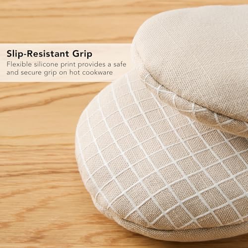KITCHENAID Gourmet Series Gridlines Mini Oven Mitts 2-Pack Set, Heat Resistant up to 600°F, Soft Silicone Grip, Magnetic Cuff, Milkshake Tan, 5.5"x9" - color: Milkshake Tan