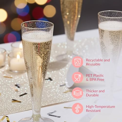 Prestee 24 Plastic Champagne Flutes - Gold Champagne Flutes Plastic - Gold Disposable Mimosa Flute - Party Supplies - Disposable Cocktail Glasses - Mimosa Bar, Wedding, Shower Party - color: Gold Glitter, size: 24 Count (Pack of 1)