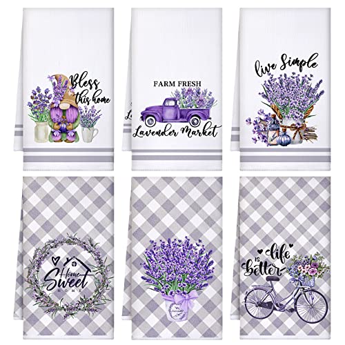 Boyiee 6 Set Lavender Kitchen Towels Purple Floral Dishcloth | Rustic Absorbent Purple Tea Hand Towels, 24 x 16 Inches Lavender Lover Gifts for Farmhouse Kitchen Bathroom Accessories Decor - color: Lavender
